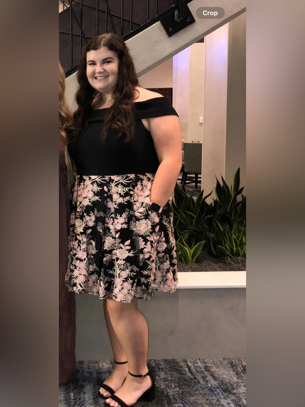 Morgan & Co. Black Off-Shoulder Dress with Pink Floral Skirt